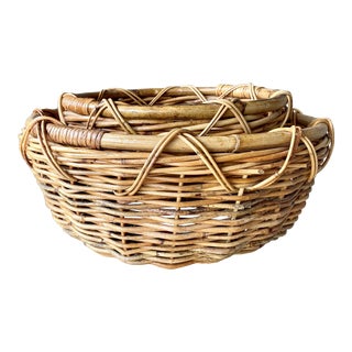 Circa 1970 Boho Chic Willow & Bamboo Pedestal Base Basket Set – a Pair For Sale