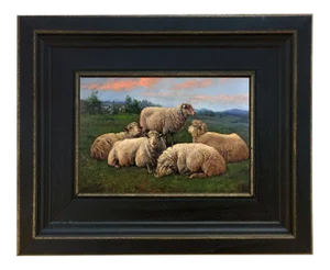 Sheep at Sunrise Framed Oil Painting Reproduction Print on Canvas - 4" X 6"