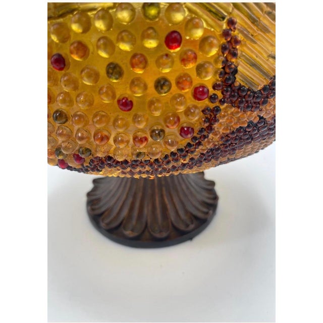 Vintage Jeweled Mosaic Pedestal Bowl and 3 Candleholders Gold Amber For Sale - Image 10 of 13