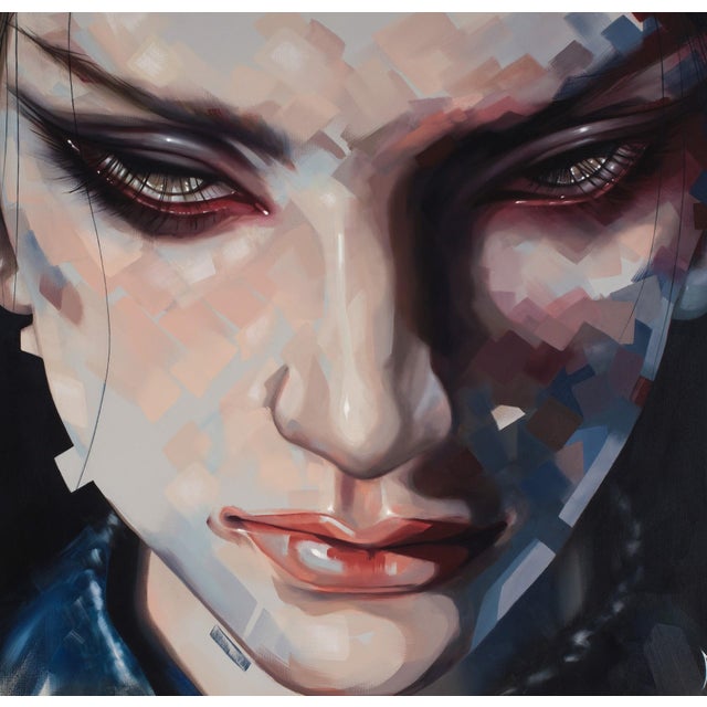 This oil on canvas work presents a striking portrait characterized by a close-up of a figure with haunting, expressive...