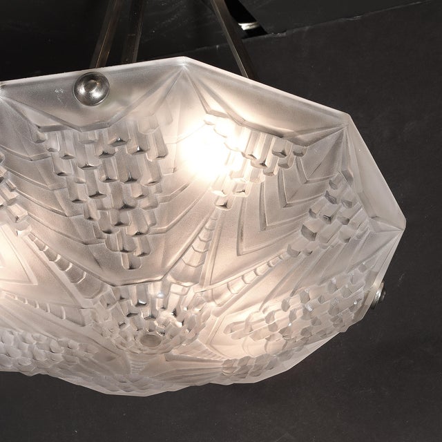 Art Deco Skyscraper Style Frosted Glass Pendant Signed André Nuet for Schneider For Sale - Image 12 of 12