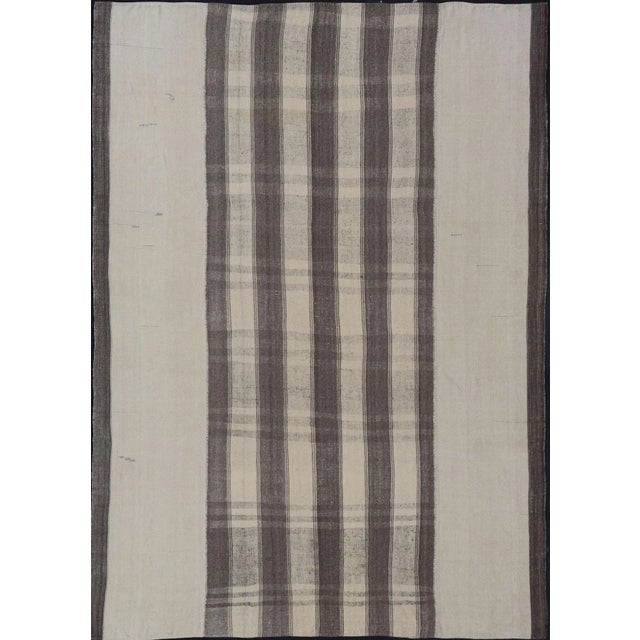 Large Vintage Hand Woven Turkish Kilim Rug With Stripes in Gray, White & Cream For Sale - Image 12 of 12