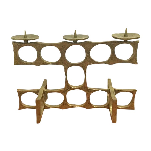 Vintage Brutalist Brass Candleholder For Sale