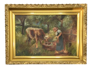 Antique Original Painting of Cow and Country Girl in Gold Gilt Frame