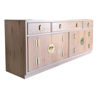 Refinished Mount Airy Bleached Oak Sideboard With Brass Hardware, Mid-Century For Sale