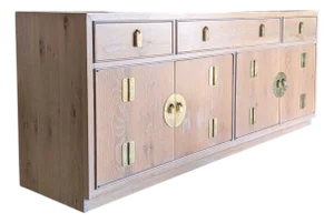 Refinished Mount Airy Bleached Oak Sideboard With Brass Hardware, Mid-Century