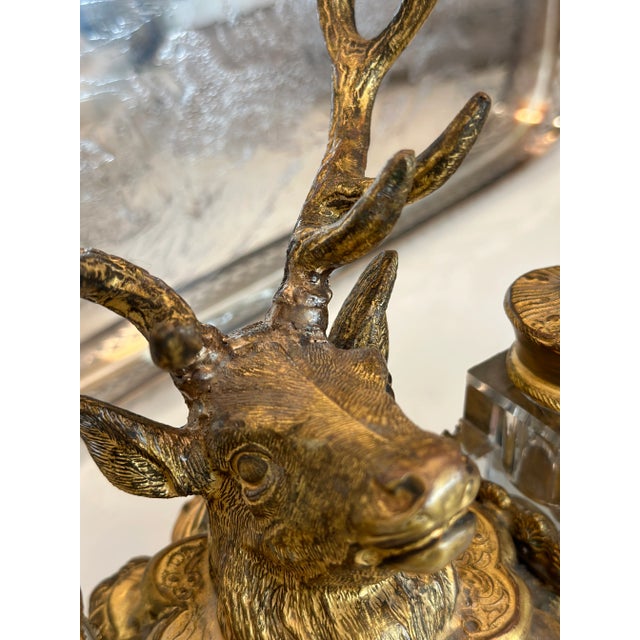 French 19th Century French Dore Gold Gilt Metal Stag Head Double Inkwell For Sale - Image 3 of 11