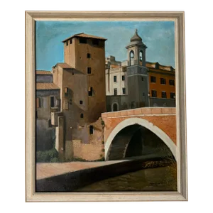 Franco Aguggiaro B. 1960 - Vigonza " Isola Tiberina " Cityscape Oil on Canvas Painting, Framed