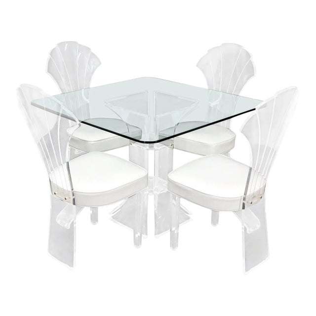 Set of 4 Lucite Dining Chairs Square Dining Table on Single Pedestal Base - 5 Pieces For Sale