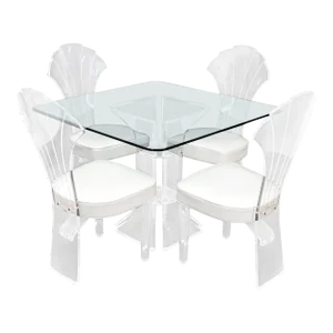 Set of 4 Lucite Dining Chairs Square Dining Table on Single Pedestal Base - 5 Pieces