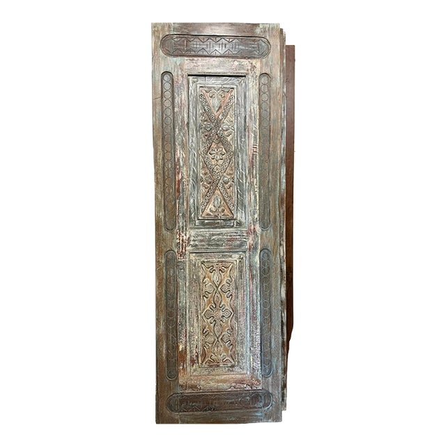 Vintage Floral Carved Wood Barn Door – Distressed Teal Reclaimed Single Door 96x30 For Sale