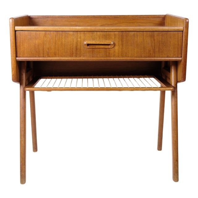 Side Table in Teak with Drawer and Wicker Shelf, 1960s For Sale