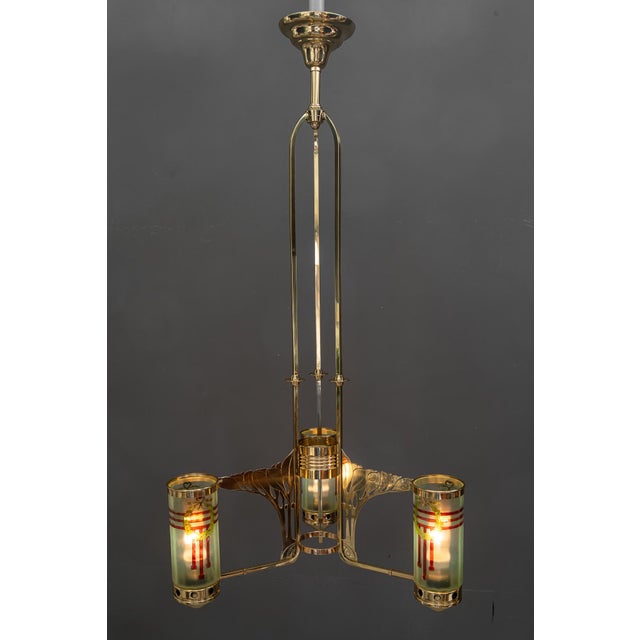 Metal Jugendstil Chandelier with Painted Opaline Glass Shades, Vienna, 1908 For Sale - Image 7 of 18