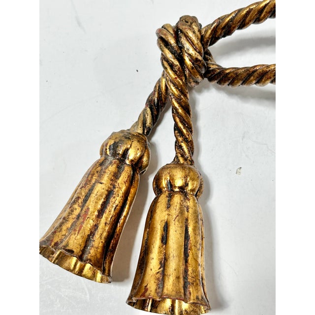 Metal Pair of Vintage Italian Gilt Rope Curtain Tiebacks With Tassels, Hollywood Regency Style For Sale - Image 7 of 8