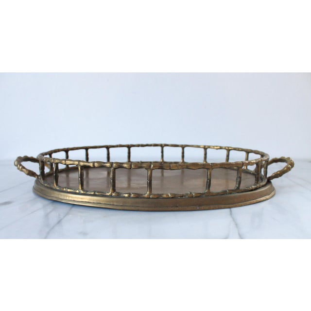 Vintage oval faux bamboo brass serving tray w/ set of four brass champagne coupes. No makers mark. Some patina to brass....