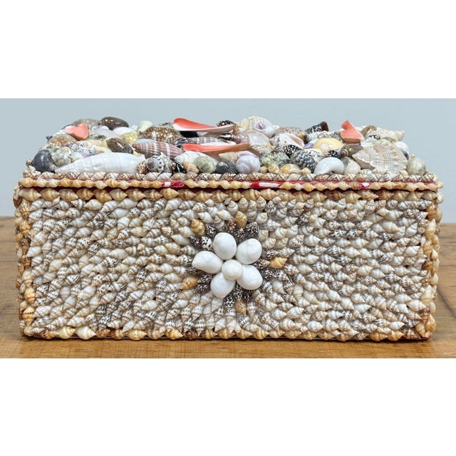 Vintage handmade shell encrusted tissue box holder. Shell design to all sides with random assortment to top. Red fabric...