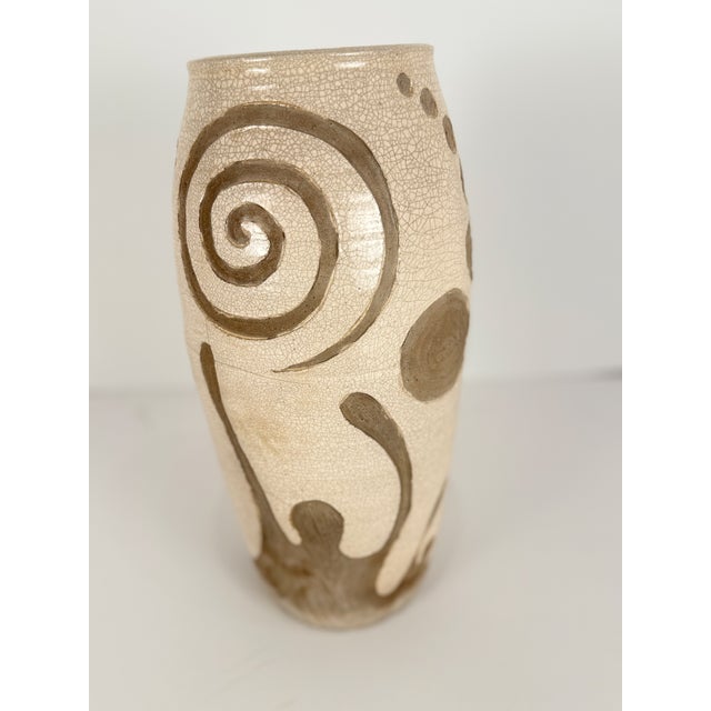 Contemporary Midcentury Handmade Stoneware Crackle Glaze Vase For Sale - Image 3 of 16