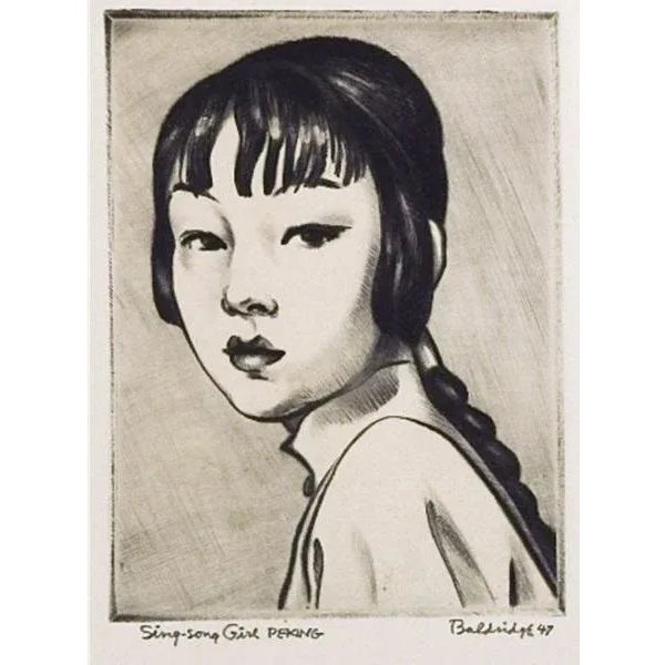 Vintage 1947 drypoint etching of young woman in Peking China by Cyrus Leroy Baldridge (1889 - 1977) New Mexico. Signed and...