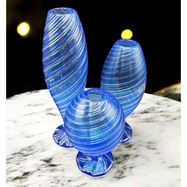 Blue Murano Glass Vases attributed to Novecento Venziano, 1970s, Set of 3 For Sale - Image 15 of 18