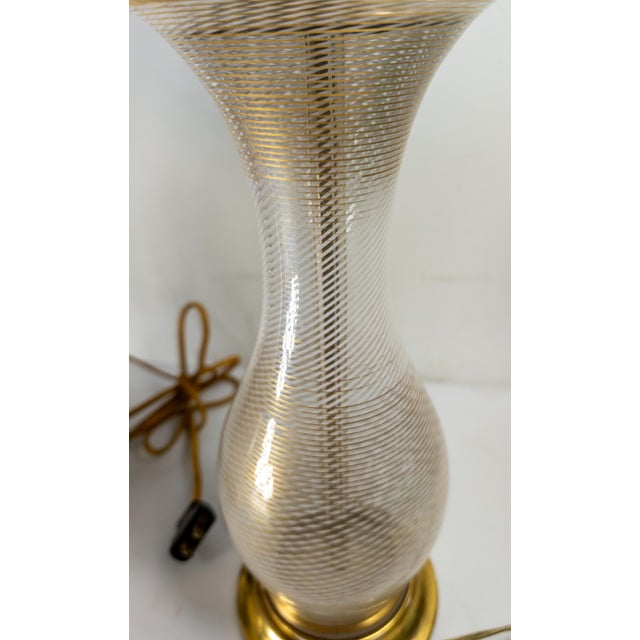 Mid-Century Pair of Italian Murano White and Clear Latticinio Lamps With Gilding For Sale - Image 10 of 12