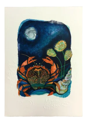 Mid Century Modern Unframed Moon Children Cancer Judith Bledsoe Signed Litho