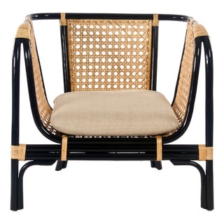 Matthew Izzo Home Quay Black Bamboo and Rattan Lounge Chair With Cushion For Sale