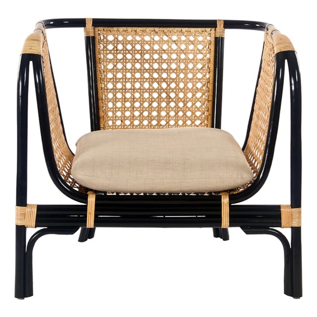 Matthew Izzo Home Quay Black Bamboo and Rattan Lounge Chair With Cushion For Sale