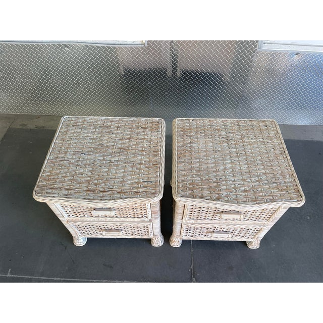 Wood Late 20th Century Pair of Woven Rattan Nightstands Wicker, Wood For Sale - Image 7 of 11