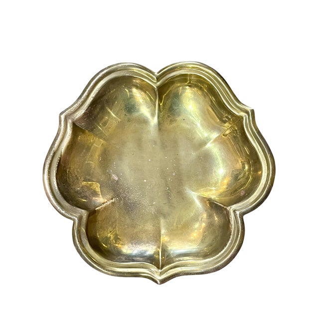 Vintage Hollywood Regency Quatrefoil Shape Brass Bowl With Cupid or Putti Base For Sale - Image 11 of 12