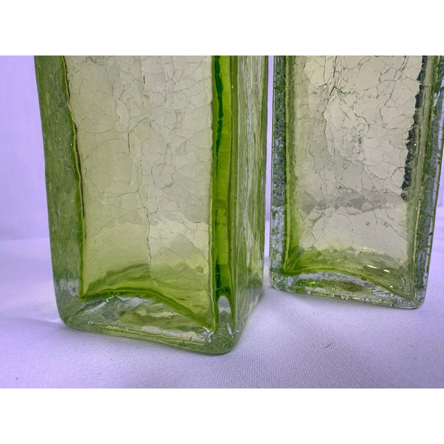 Mid 20th Century Art Glass MCM Vibrant Green Vintage Crackle Finish Rectangular 10" Vases-Pair! For Sale - Image 5 of 10