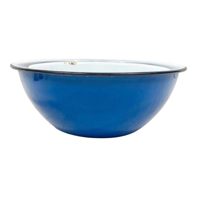 Vintage Blue Enamel Metal Mixing Bowls-A Pair For Sale