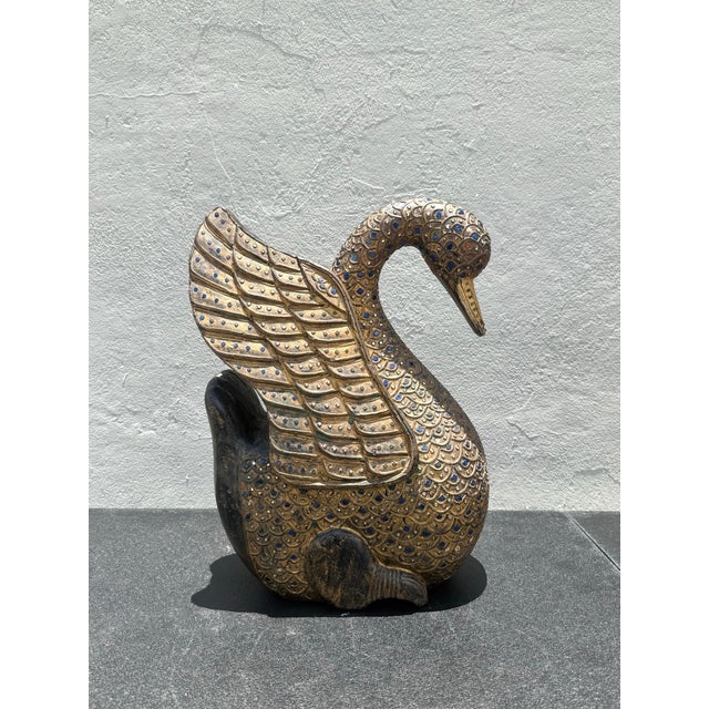 Mid 20th Century Vintage Wooden Hand Carved Folk Art Swan With Jeweled Inlay For Sale - Image 5 of 8