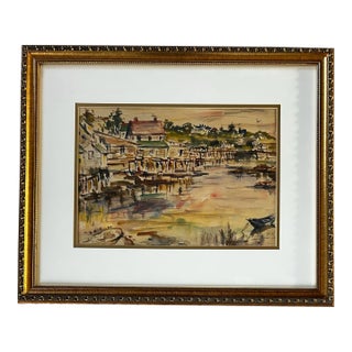 Vintage 1955 Impressionist Watercolor of Harbor at Bristol Maine For Sale