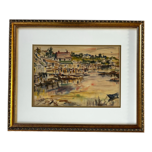 Vintage 1955 Impressionist Watercolor of Harbor at Bristol Maine