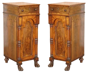 Large William IV Flamed Hardwood Side Cabinets with Campaign Drawers, 1830s, Set of 2