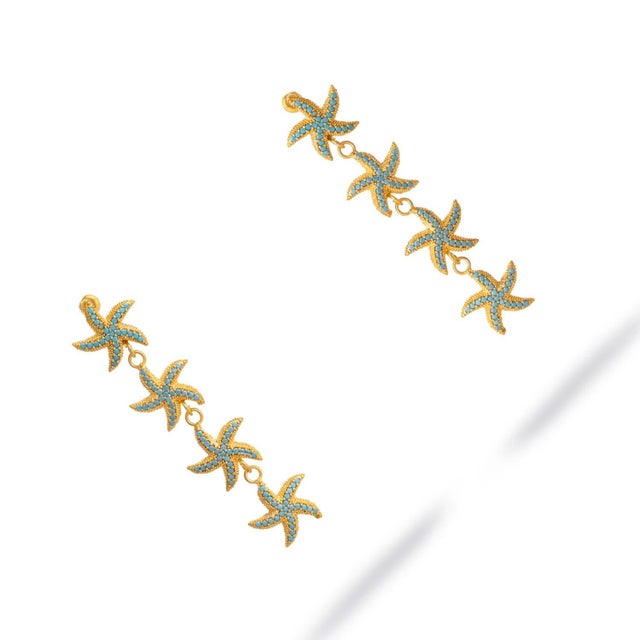 Turquoise Starfish Cascade Gold Dangle Earrings, A Pair For Sale - Image 4 of 9