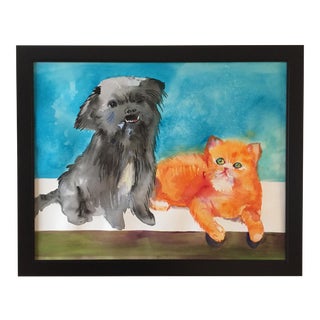 Large "'Meet the Frenemies" Cairn Dog and Ginger Cat Painting For Sale