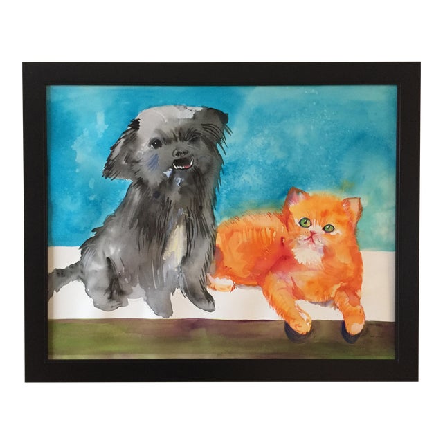 Large "'Meet the Frenemies" Cairn Dog and Ginger Cat Painting For Sale