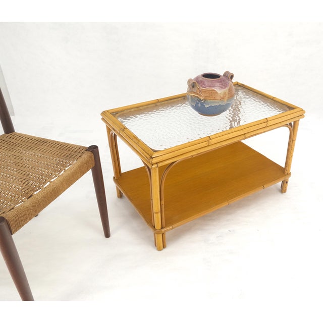 Vintage c1970s Bamboo Rattan Two Tier Rippled Glass Top Rectangle End Side Table For Sale - Image 9 of 12