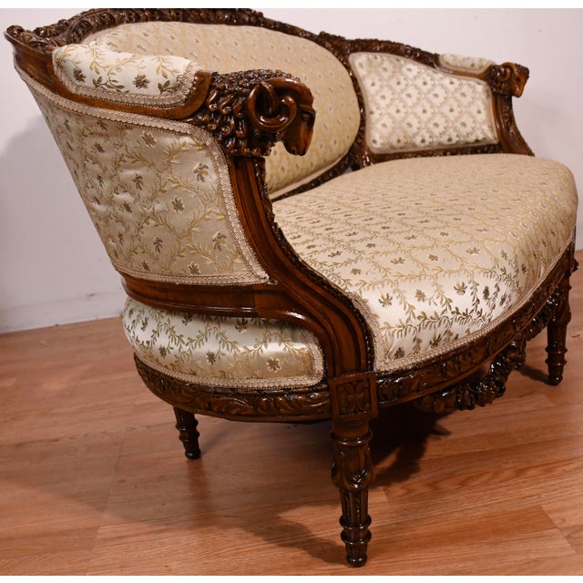 1920s Antique French Carved Walnut Spring-Seat Loveseat Sofa New Upholstery For Sale - Image 13 of 17