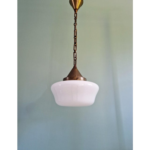 Bauhaus Art Deco Pendant Light in White Opaline Glass with Brass Frame, 1920s For Sale - Image 3 of 13