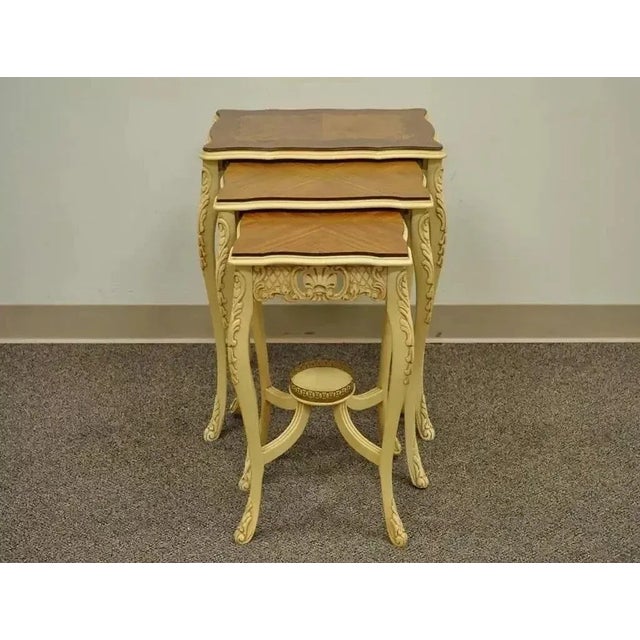 Early 20th Century Vintage French Louis XV Style Satinwood Inlay Nesting Side Tables - Set of 3 For Sale - Image 9 of 9