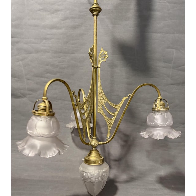 Vintage Art Nouveau Ceiling Lamp with Glass Shades, France, 1910s For Sale - Image 4 of 9