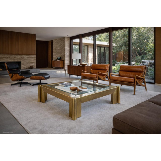 This stunning vintage brass coffee table, attributed to the renowned Mastercraft, exemplifies the bold sophistication of...