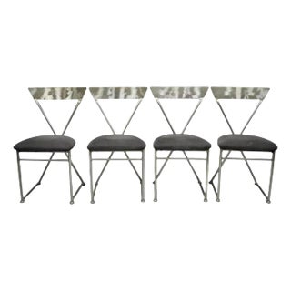 Late 20th Century Shaver Howard Style Italian Modernist Brushed Steel Metal Dining Chairs - Set of 4 For Sale