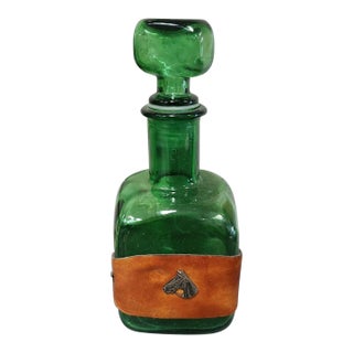 Vintage Green Glass Decanter W/Embossed Leather Horse Motif Western 1950s-1970s For Sale