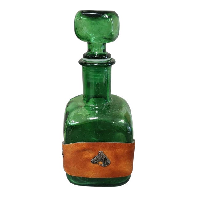 Vintage Green Glass Decanter W/Embossed Leather Horse Motif Western 1950s-1970s For Sale