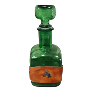 Vintage Green Glass Decanter W/Embossed Leather Horse Motif Western 1950s-1970s