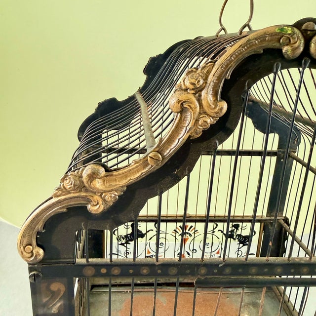 Black Art Nouveau Black Japanned Metal Bird Cage, Hand-Painted, Circa 1900-1920 For Sale - Image 8 of 16