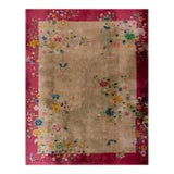 1920s Tan Ecru Floral Antique Chinese Art Deco Rug 8'8' 'X 11'6'' Knotted Wool Carpet For Sale